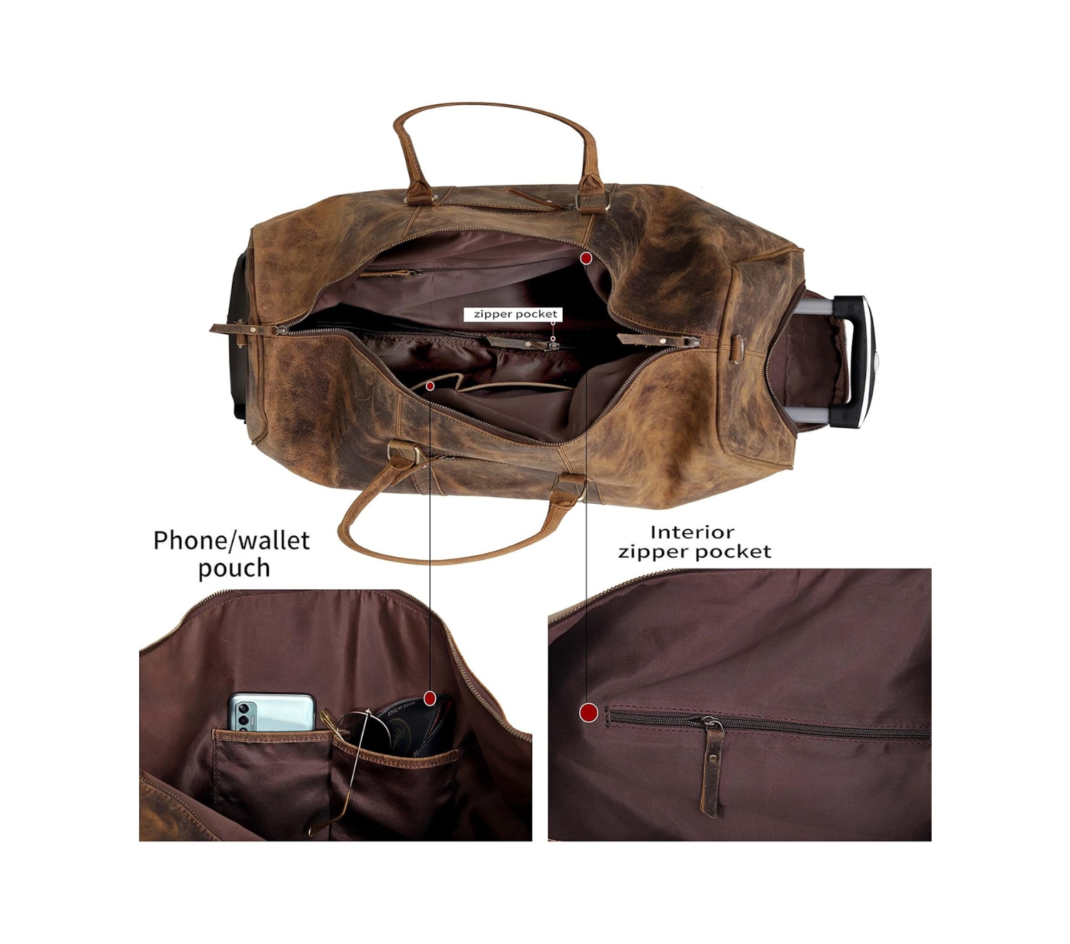Brown Leather Weekender Duffel Bag - Image 5